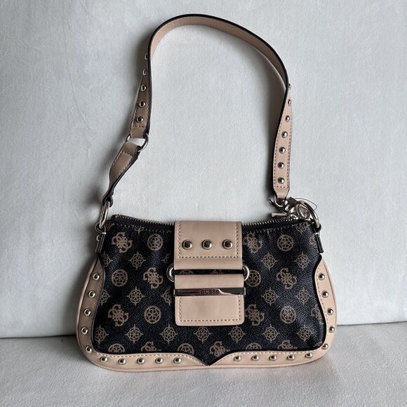 GUESS Women's Greta Brown Logo Print Small Hobo Shoulder Baguette Handbag NWT - Picture 1 of 8
